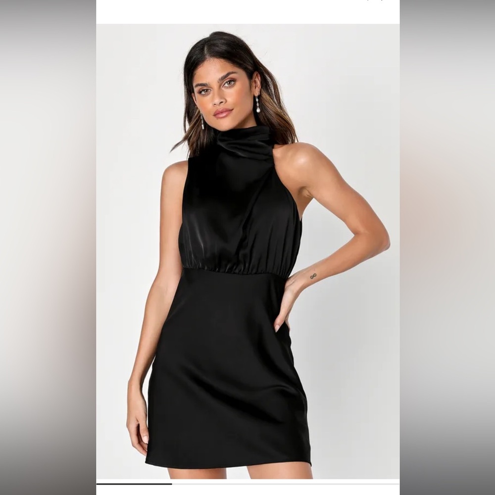 NEW WITH TAGS Lulus Modern Instinct Black Satin Mock Neck A-Line Mini Dress XS